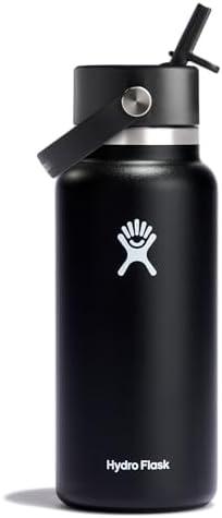 Hydro Flask Water Bottle - Insulated Stainless Steel - Wide Straw Lid, Non Spill, Leakproof in 32 Oz Black