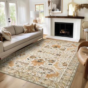 5x7 Area Rugs for Living Room, Washable Non-Slip Bedroom Rug, Stain Resistant Low Pile Soft Kids Nursery Rug, Vintage Farmhouse Non-Shedding Area Rug, Carpet for Dining Room Dorm Playroom (Beige)