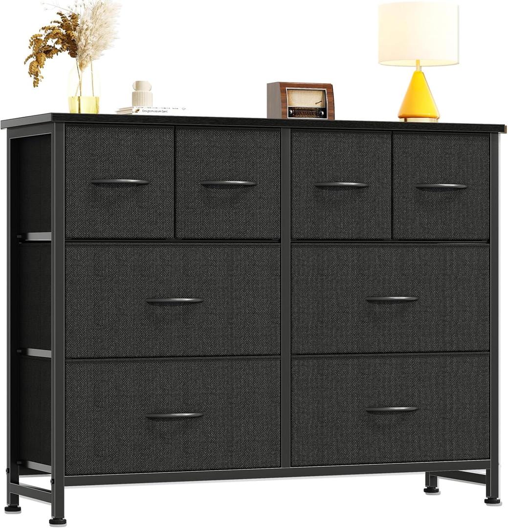 DUMOS Dresser for Bedroom with 8 Fabric Drawers, Wide Fabric Dresser for Closet, Storage Tower with Wood Top and Mental Frame, Storage Unit for Living Room,Hallway, Entryway, Black (11.8"D x 39.4"W x 30.3"H (8 Drawers))