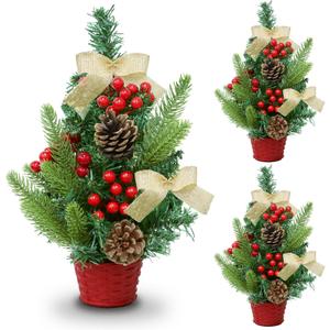 3 Pack 12 Inch Mini Christmas Tree, Table Top Christmas Trees with Red Berries Pine Cones Bows Norfolk Pine Tips, Tabletop Miniature Trees for Christmas Table Decorations Desk Home Indoor Xmas Decor