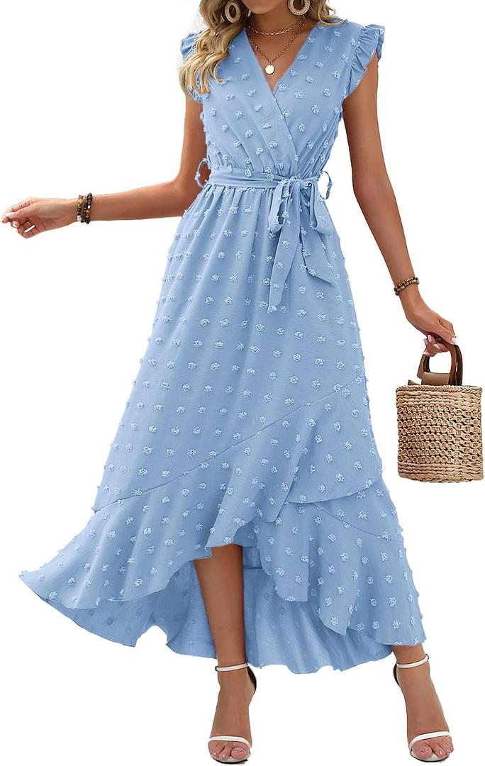 BTFBM Boho Dresses for Women 2026 Summer Fashion Cap Sleeve Swiss Dot Flowy Ruffle Beach Wedding Cocktail Maxi Dress(Sky Blue, Small)