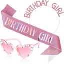 Birthday Girl Sash and Crown Headband & Glasses Set for Women Girls, Pink Birthday Tiara Crown and Sash for Women Glitter Happy Birth day Decorations Accessories Outfits Party Supplies