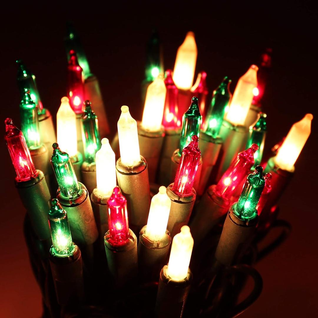 Christmas String Lights - 24ft 100 Incandescent Multi Color Mini Bulbs Lights,Green&White&Red Lighting Decor for Outdoor&Indoor Use, Fairy Garden, Yard, Home, Party, Holiday, Halloween Decoration