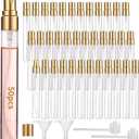 50 Pcs 10 ml Perfume Bottles - Refillable Glass Mini Spray Bottles, Portable Travel Sample Containers, Fine Mist Atomizers with Caps, Includes 2 Funnels and 2 Dispensers, Ideal for Liquids, Gold