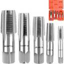 5-Piece NPT Pipe Tap Set, 1/8", 3/4", 1/2", 3/8", 1/4" Precision Carbon Steel NPT Tap Set, for Clean Accurate Threads, Assorted Plumbers Mechanics DIY Thread Cutting Tools