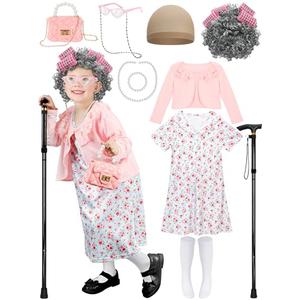 Luces Old Lady Costume for Girls, 100th Days of School Dress Up for Kids, Granny 100th Day School Wig Cane Accessories Outfit (XL, 7068-Red)