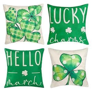 hoyuwak St. Patrick’s Day Throw Pillow Covers 18x18 Inch Set of 4 – Shamrock Linen Cushion Cases with Hello and Luck Design – Decorative Holiday Pillow Covers for Couch, Sofa