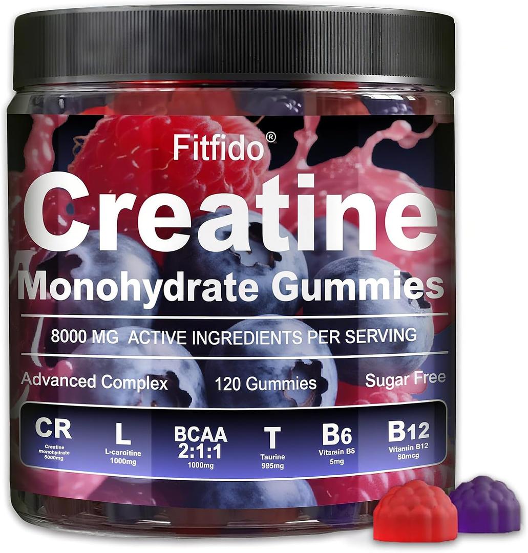 Creatine Monohydrate Gummies Complex 8000mg for Men and Women, Containing L-carnitine & Taurine, Build Muscle, Boost Energy, Faster Recovery, Pre-Workout Supplement, Raspberry & Blackberry, 120 Count