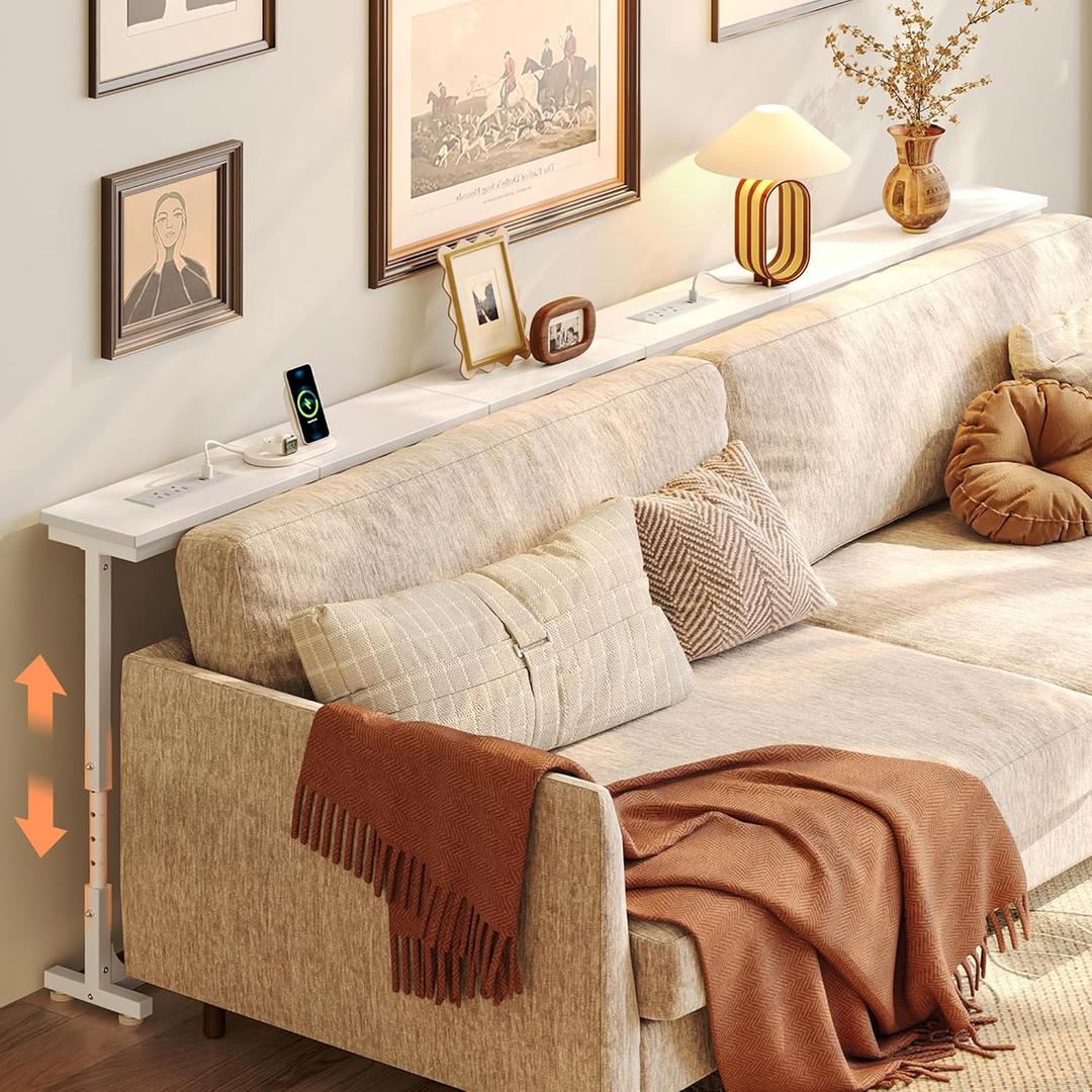 Huuger 78.7 Inch Behind Couch Table with Power Outlets, 23.9-34.4 Height Adjustable Range, Sofa Tables Narrow Long with USB-C Ports, Skinny Console Table, for Small Spaces, White