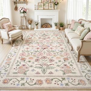 Maxsoft 4x6 Area Rugs for Living Room Bedroom, Floral Vintage Large Rug with Rubber Backing: Soft Non-Slip and Washable Low Pile Throw Carpet for Dining Room Kitchen Home Decor, Pink