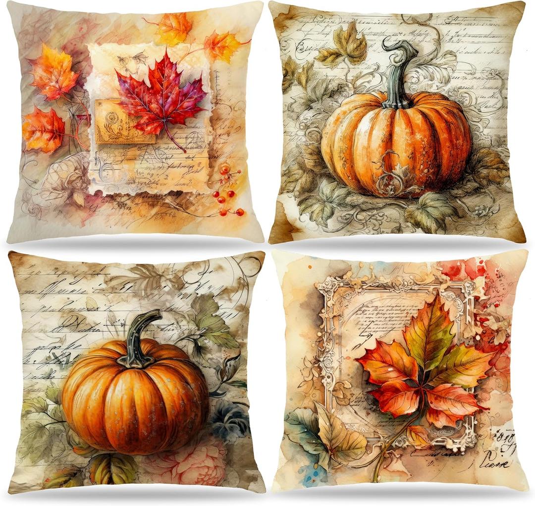 Vintage Fall Pillow Covers 18x18, Shabby Chic Fall Pumpkin Autumn Leaves Decorative Pillow Covers, Fall Home Bedroom Living Room Decor, Farmhouse French Country Pillow Cover, Set of 4