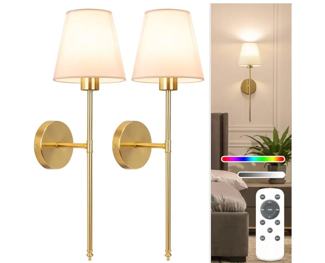 NIORSUN Battery Operated Wall Sconce Set of 2,Gold Rechargeable Wall Lights with 5200mAh Dimmable Bulbs and Remote,10 Colors Wireless Wall Lamps for Bedroom Living Room Hallway Decor
