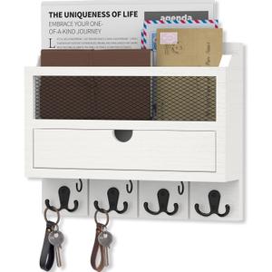 Nekon Mail Organizer with Drawer for Wall, 12"W x 10"H x 3.1"D Mail Sorter Wall Mounted, Wooden Key Holder Wall File Organizer Letter Sorter for Letter Magazines (White)