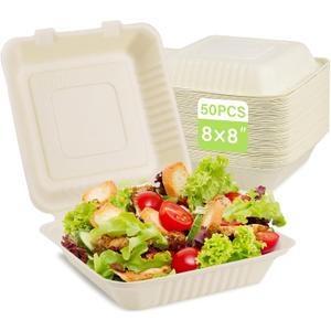 greensight Compostable Take Out Food Container 8X8, 50 Pack Disposable To Go Food Boxes, Biodegradable Clamshell Food Container, Eco-Friendly Made From Sugarcane Fibers
