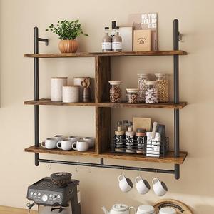 Bestier 41.5" Floating Shelves for Wall 3 Tier Kitchen Shelves Wall Mounted Coffee Bar Shelf Hanging Mug with 8 Hooks, Industrial Display Pipe Shelving for Kitchen Living Room Bathroom, Rustic Brown