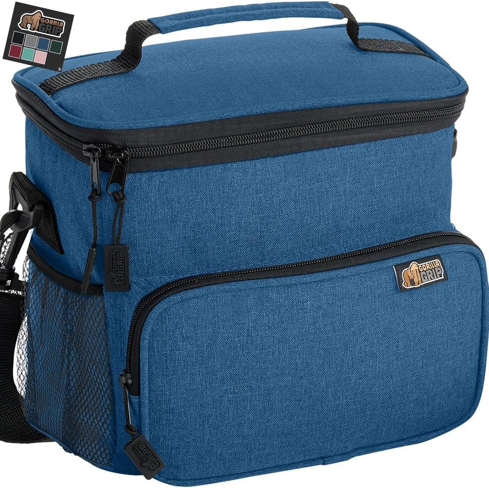 GORILLA GRIP Reusable Insulated Lunch Box Bag, Large Capacity, Leakproof Soft Cooler Bags, Mesh Pockets and Adjustable Strap, Food Tote for Work Camping School, Keep Drinks Cold, 8L, 10x9, Navy Blue