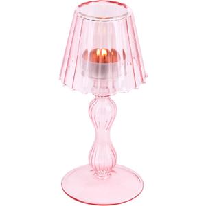 Desk Lamp Shaped Glass Candle Holder - Glass Hurricane Candleholder Crystal Decorative Candle Stand for Table Wedding Dinning Centerpieces Party Supplies Festival Decor Pink