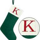 Christmas Stockings with Initials,20 Inches Large Knit Embroidered Letter Green White Christmas Stocking,Monogram Christmas Stocking for Famliy Holiday and Xmas Tree Fireplace (Letter K)