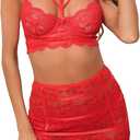 Ladies & Men's story Women Underwire 3 Piece Sexy Lingerie Collared Stretch Bustier & Garter Skirt Strappy Lace Bra Panty Set (M, Red)