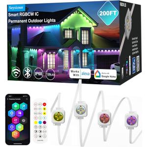 RGBCW Permanent Outdoor Lights,108 Scene Modes Smart Outdoor Christmas Lights with Voice Remote APP Control, IP68 LED Eaves Lighting for Halloween Party, Daily Garden Decor (120LED 200FT)