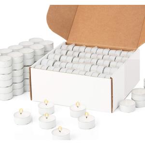 White Candles Tealights in Bulk Unscented in Festive Metallic Metal Cups for Holiday, Party, Wedding and Home Decoration Made in USA