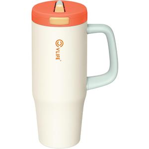 CVLIFE Insulated Tumblers with Handle Leak Proof Tumbler with Lid and Flip Straw 32 oz Insulated Water Bottle Fits in Cup Holder (Beige)