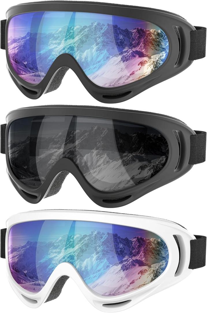 Ski Goggles, 3 Pack Snowboard Goggles 100% UV Protection Dustproof Snow Goggles for Men Women Youth Kids Boys Girls (02. Black+White Frame & Multicolor+Gray Lens)