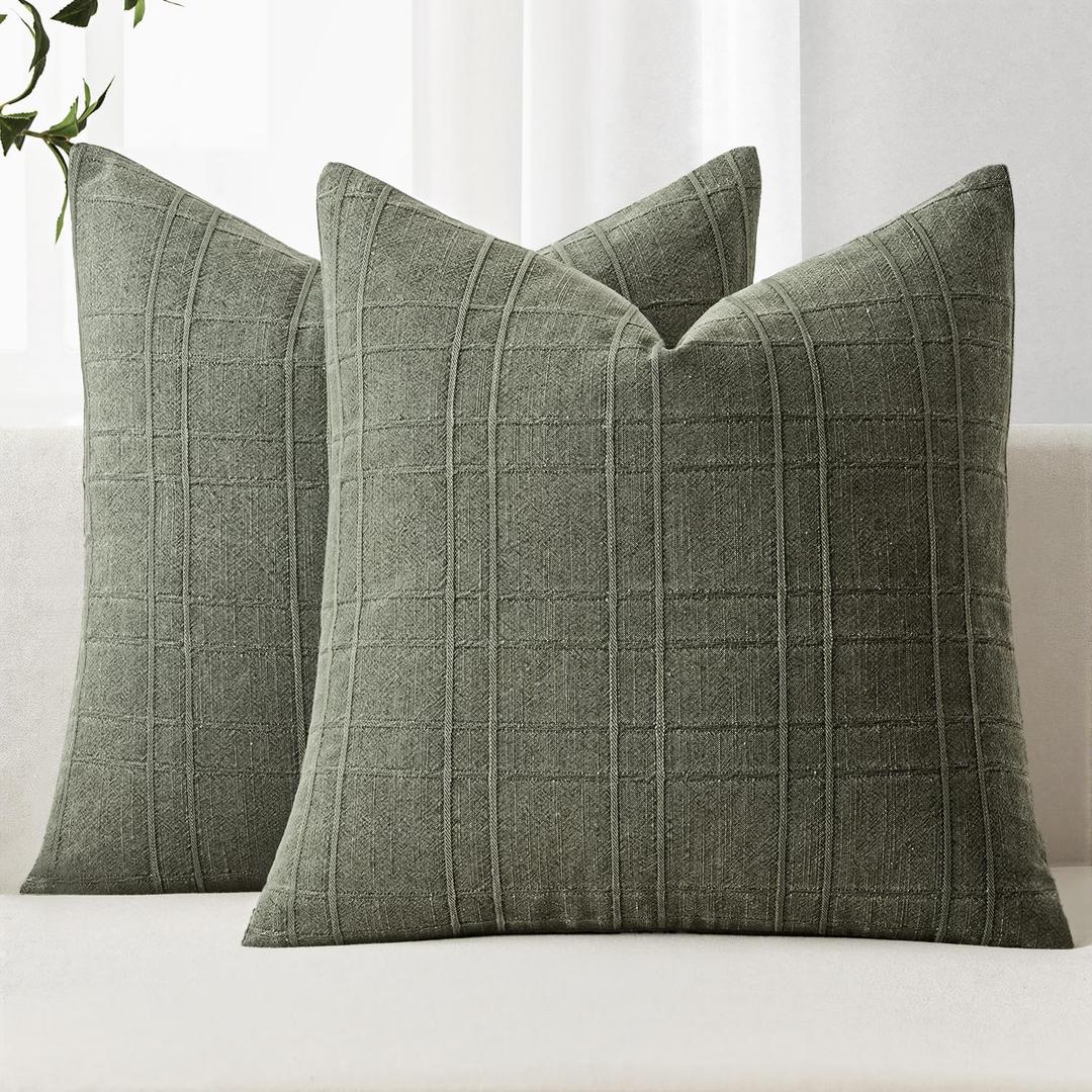 MIULEE Decorative Linen Check Euro Shams Throw Pillow Covers Neutral Farmhouse Vintage Spring Pillow Covers 22x22 Set of 2 Boho Modern Home Decor for Sofa Couch Bedroom Cushion Olive Green