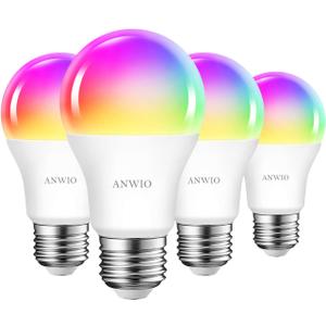 ANWIO Smart Light Bulbs 8.5W (60W Replacement) A19 E26 LED Bulb Work with Alexa, Google Assistant, Smart Life App, Tuya App, Color Changing Light Bulb,806LM,2.4Ghz onlyNo Hub Required4-Pack
