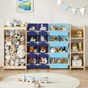 EXPERLAM 3-in-1 Toy Storage Organizer, Stuffed Animal Holder & 3-Tier Bookcase, Solid Wood Toy Organizer with 12 Storage Bins, Space-Saving Toy & Book Shelf for Kids Rooms, Bedroom, Playroom, Blue