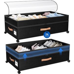 Under Bed Storage with Wheels, 72L XXL Under the Bed Storage Containers Large, 10 Tall Adjustable Storage for Underbed with Lids, Rolling for Shoes, Clothes, Blankets, Black