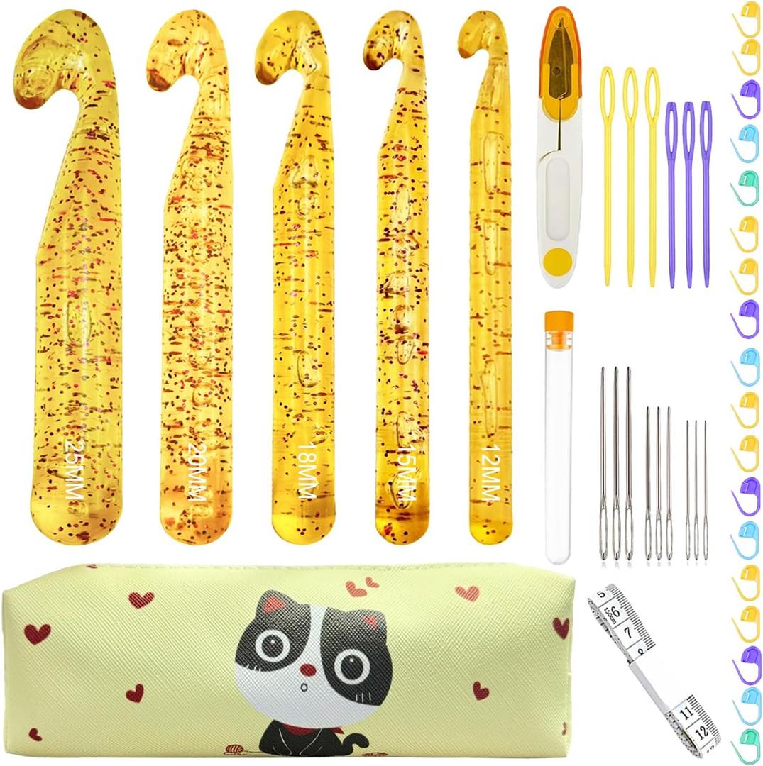 43 Pcs Large Crochet Hooks Set,12mm 15mm 18mm 20mm 25mm Large Crochet Hooks for Chunky Yarn,Plastic Crystal Smooth Big Crochet Needles for Handmade DIY Crochet with Storage Bag (Yellow)