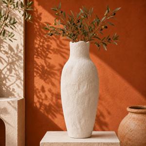 Tall Ceramic Flower Vase for Home Decor - Handmade Textured Cream Vase - 16 inch