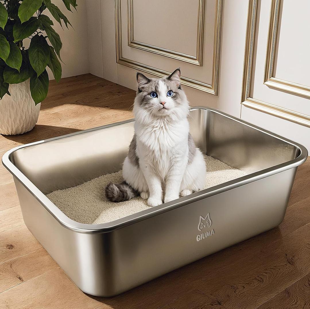Stainless Steel Litter Box, Large Metal Cat Litter Box with High Sides, Odor-Free, Non-Stick, Easy to Clean, Ideal Cat Toilet for Most Cats, Litter Tray (17.5"L13.6"W5.9"H)