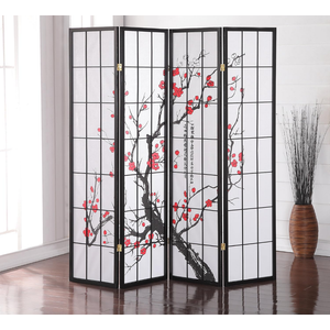 Roundhill Furniture Black Japanese 4-Panel Screen Room Divider, Plum Blossom