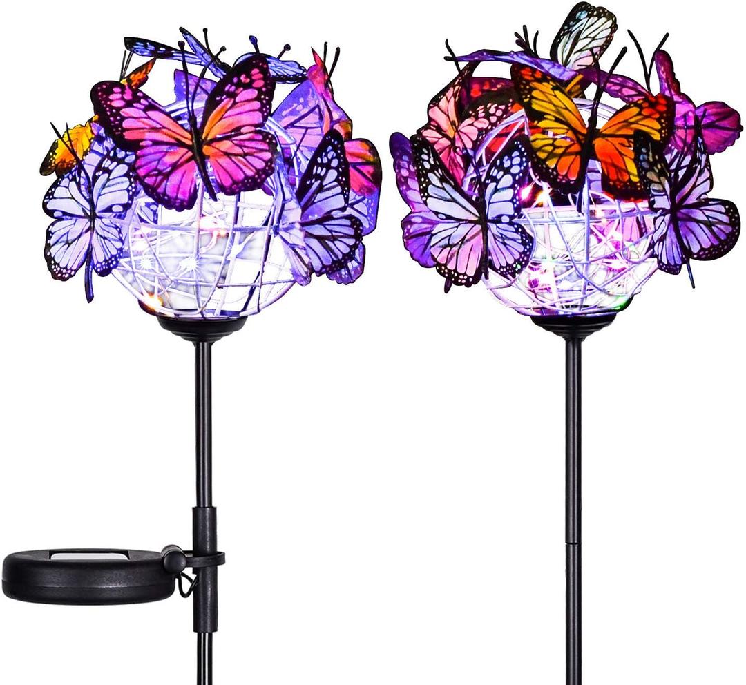 Outdoor Solar Garden Lights - 2 Pack Solar Powered Garden Stake Lights with 18 Butterflies and Copper String Lights, Multicolor