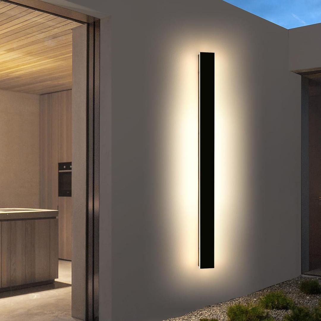59inch Modern Outdoor Wall Lights, Outside Linear Wall Light, 3 Color Lights 3000K/4500K/6000K, IP65 Waterproof, Frosted Acrylic, Black Exterior Wall Sconce for Porch Doorway Patio Garage Garden