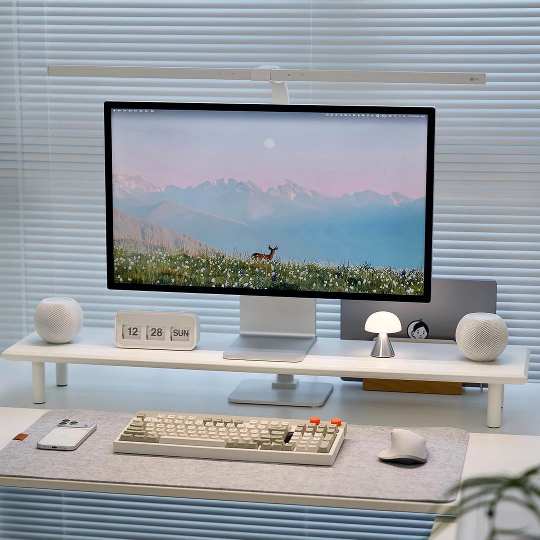 ROCDEER Bamboo Dual Monitor Stand Riser, White Desk Shelf with Storage, White
