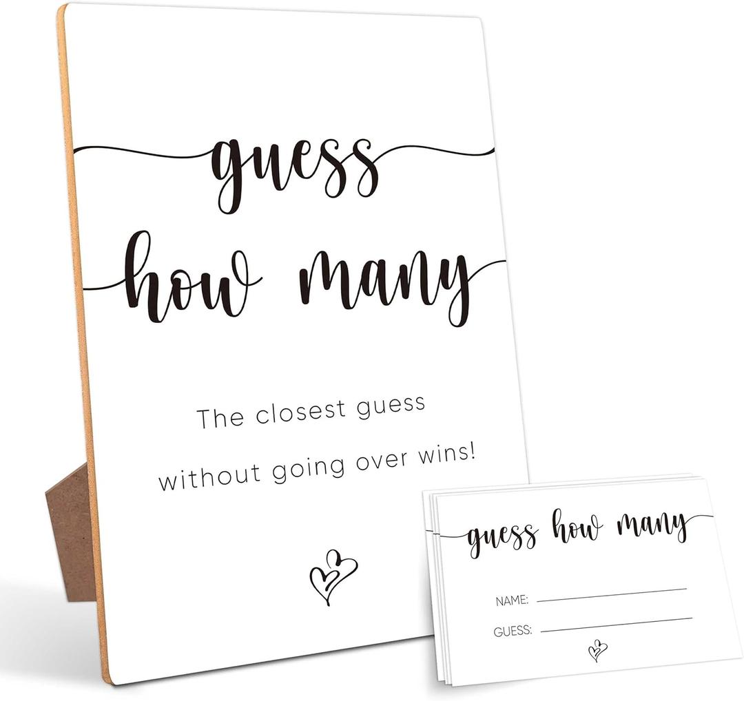 Guessing Game, Wooden Sign with Stand & 50 Cards, Party Games & Activities, 5x7 inches, Love Theme, Bridal & Baby Showers, Office Parties