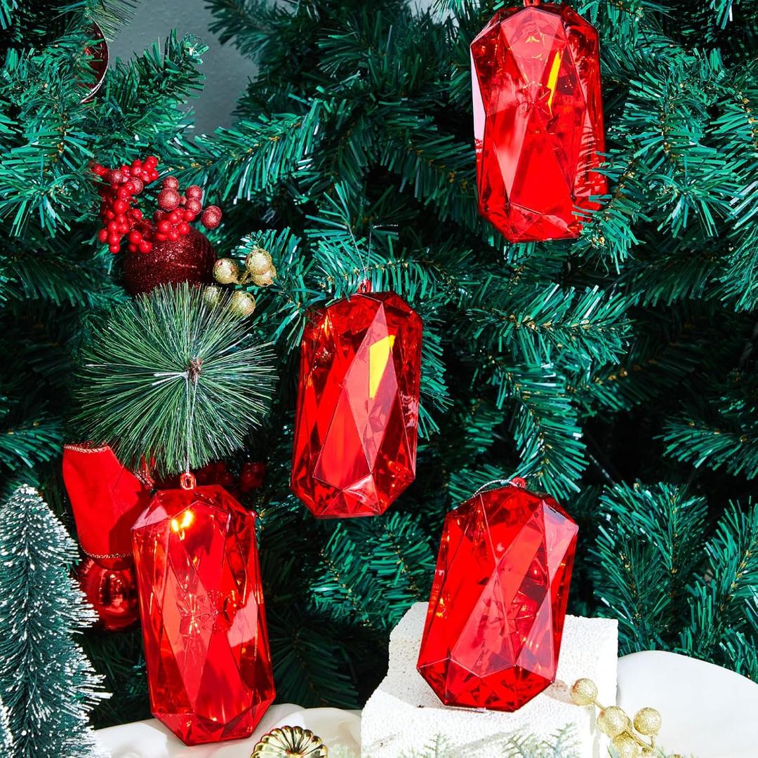 Syhood 4 Pack 5.7 Inch Jewel Ornament Acrylic Red Jewel Ornaments for Christmas Tree Glitter Christmas Tree Hanging Decorations Gemstones for Xmas Wedding Holiday Party Decor(Rhombus)
