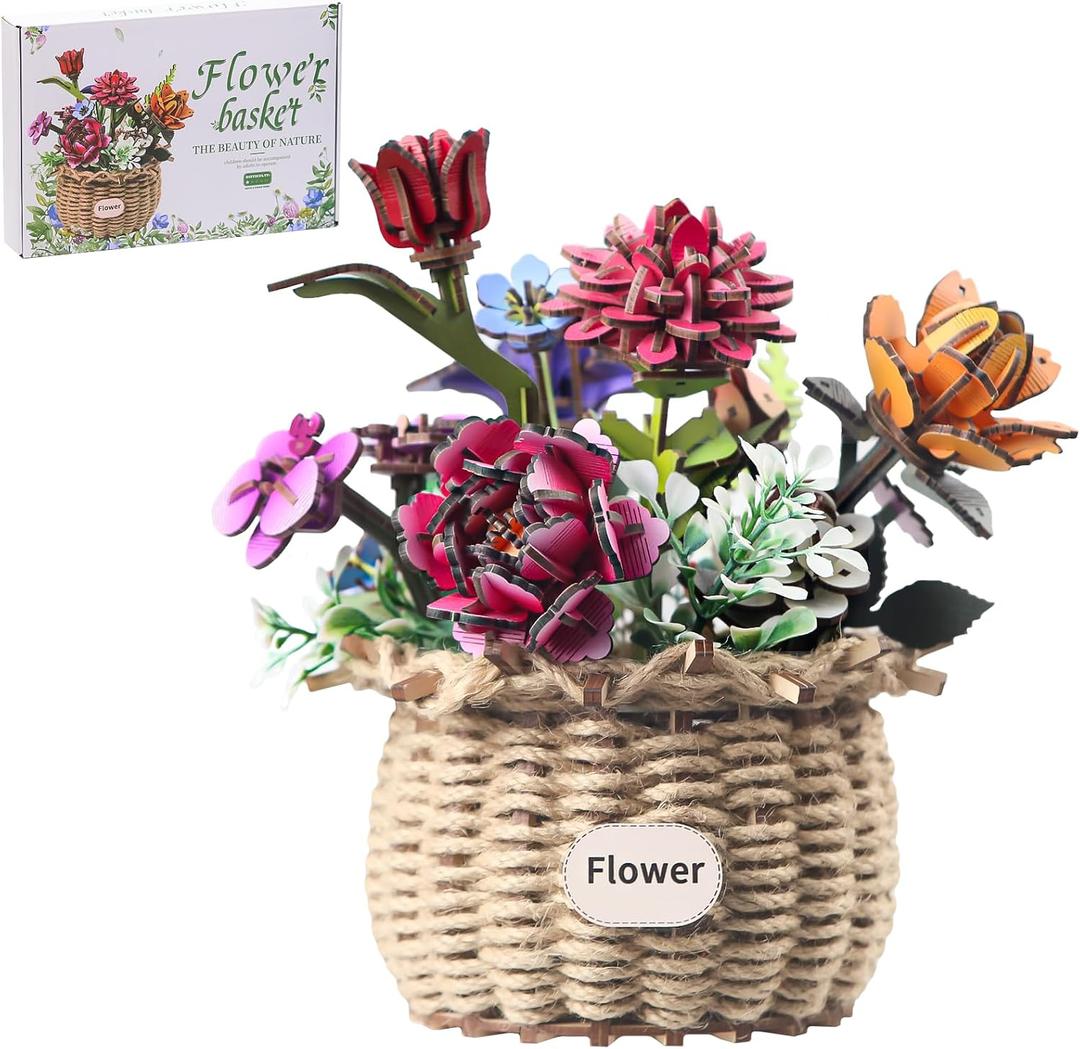 Insgen Ever-Blooming Wooden Bouquet Building Set, 3D Wooden Flower Kit | DIY Botanical Collection Model Set, Home Office Shelf Decor, Detailed Simulation Craft for Adults & Women