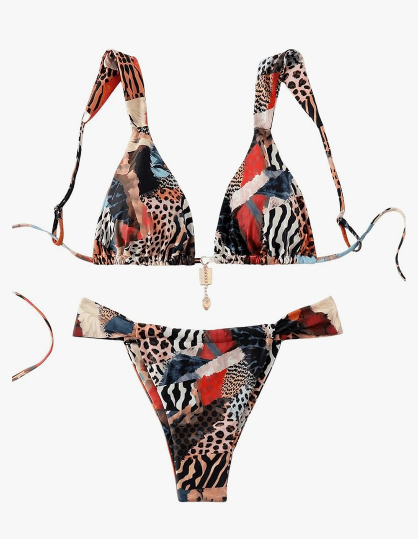 Women's 2 Piece Leopard Floral Bathing Suit Wireless Triangle Swimsuit High Waisted Bikini Sets, Size M