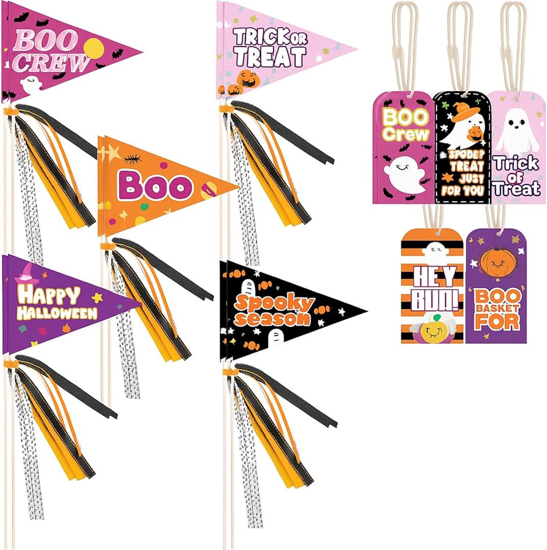 Breling 20 Pcs Halloween Pennant Flags Boo Basket Stick Flags Decorations Boo Pennant Banner Paper with Ribbons Ghost Tags for Basket Decor Halloween Party Supplies