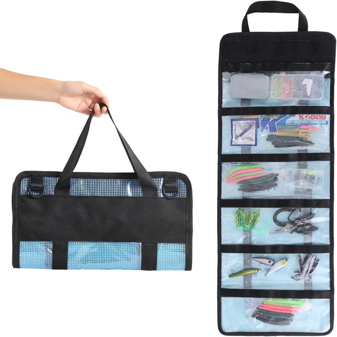 Fishing Lure Stroage Bag Covenient 6 Pocket Large Capacity PVC Heavy Duty Protective Cover Durable Fishing Bag for all Fishing Bait Trolling Fishing Lure Wraps Box for Saltwater (1pc, Blue)