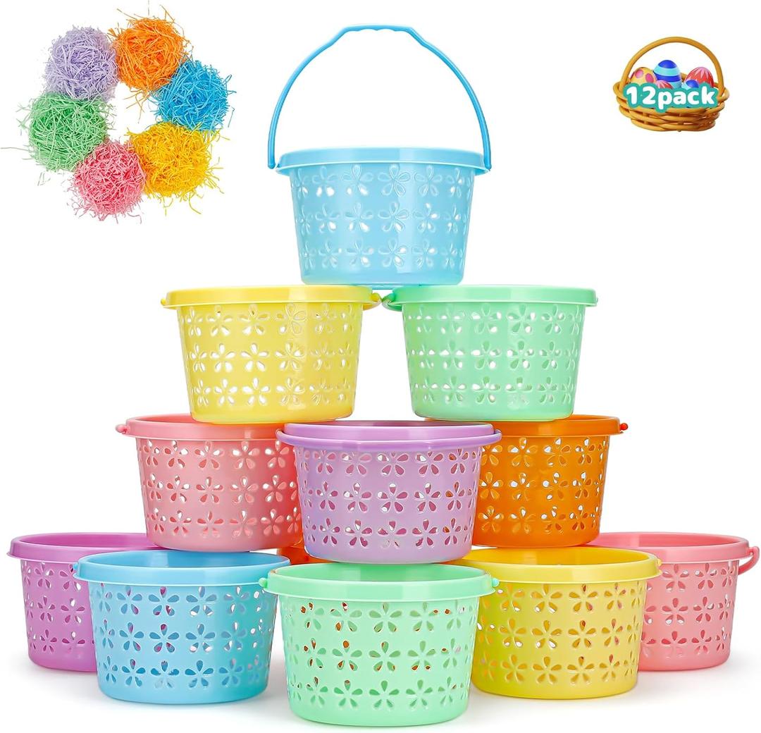 12 Pack Easter Baskets for Kids, 8.6" Plastic Easter Bags with Handles, Easter Bucket Bags Filled with Grass for Easter Egg Hunt, Perfect Theme Party Favors