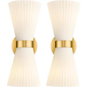 Modern Wall Sconce Set of 2, HWH 2-Light Up Down Wall Light Indoor Vanity Wall Lamp, Brushed Gold Bathroom Vanity Sconce Frosted White Striped Glass Shade, 5HZG97B-2W-2PK BG