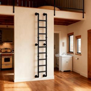 9FT Wall Mounted Ladder Heavy Duty 450lbs Capacity, 9-Step Steel Pipe Fire Escape Ladder for Egress Window & Basement, Industrial Wall/Floor-Mounted Loft