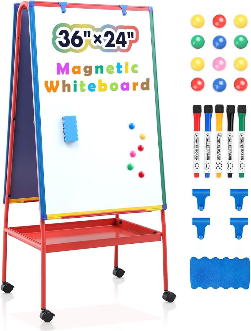 Mobile Dry Erase Board with Stand - 64.4" H Double Sided Portable Rolling Whiteboard Kids Easel for Classroom,Height Adjustable Magnetic White Board on Wheels for Home,School,36x24 inches (Multicolor)