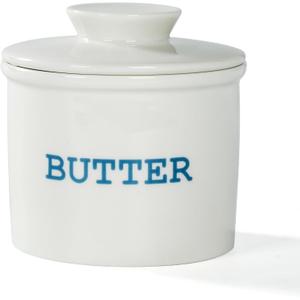 Apollo's Kitchen French ceramic butter crock with a water seal, white glossy color, with a red butter spreader. For soft spreadable butter
