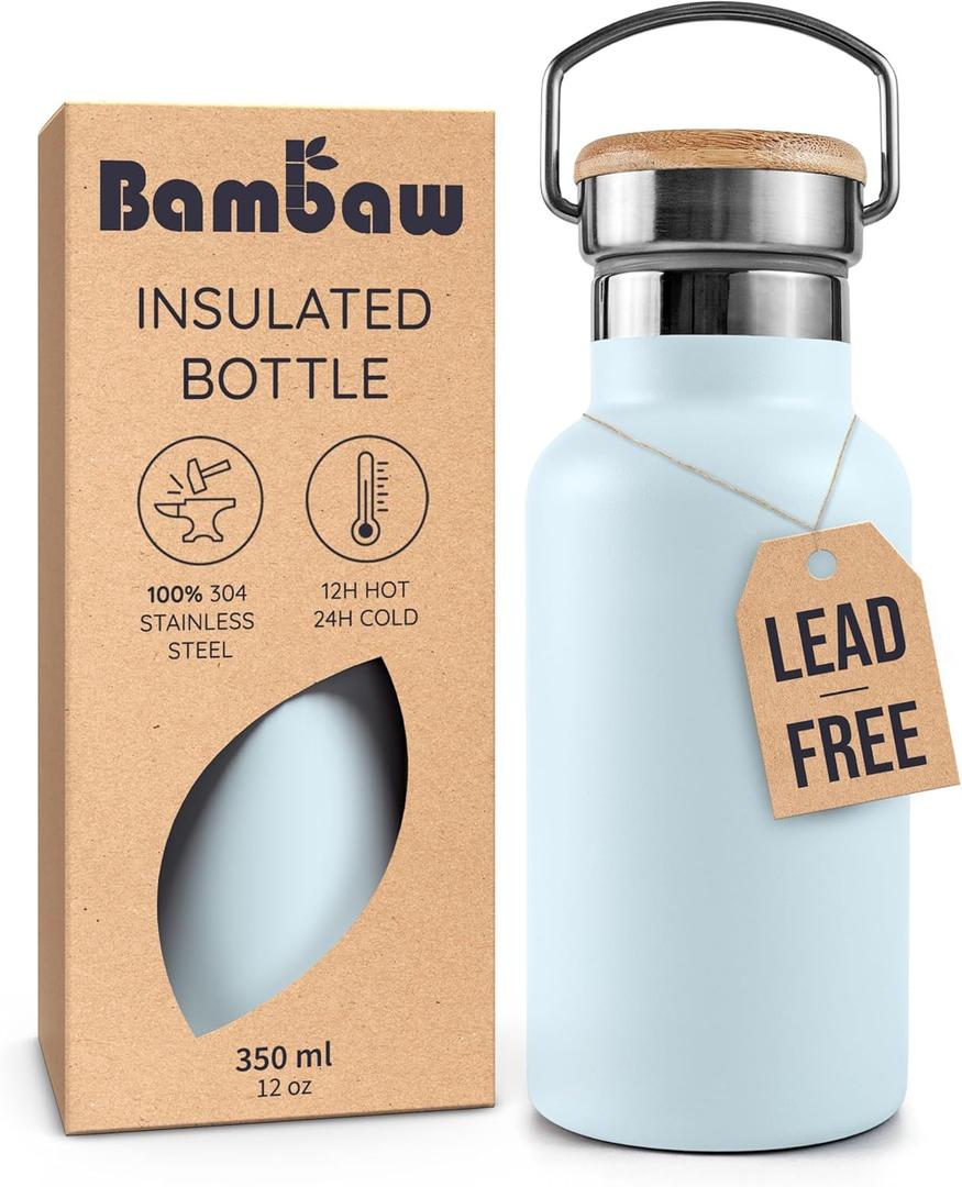 Bambaw Insulated Water Bottle 350ml, Light Blue Water Bottle Stainless Steel, Insulated Bottle, Small Metal Water Bottles, BPA Free Water Bottle  Ice blue (12 oz)